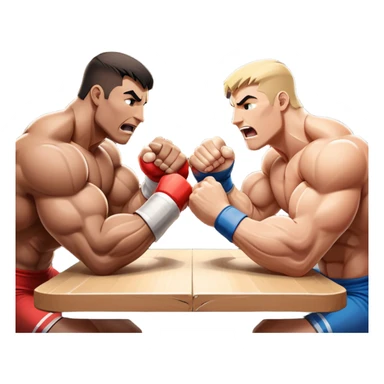 Two strong competitors locked in an intense arm wrestling match, muscles tensed as they battle for victory. The table is well-lit, showcasing their focused expressions and powerful arm grips. The background features a competitive arena with a cheering crowd. Transparent background. sticker