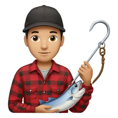 vit Ung man med svart keps röd gul rutig flanellskjorta hållandes en båtshake med stor torsk sticker