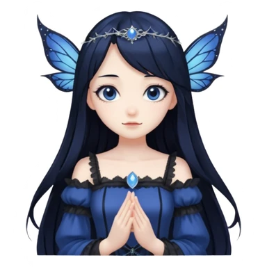 Gothic anime fairy with long beautiful black hair and dark blue dress, pastelcore, sticker