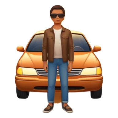 A person stands outside of a parked car on the side of a long, open road. They’re facing forward, gazing at a glowing sunset in the distance. The road stretches far ahead, symbolizing possibilities and new directions.  sticker