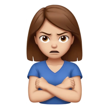 Girl with brown hair crossing arms in front of her chest and making an angry face sticker
