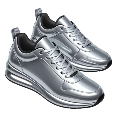 A pair of futuristic sneakers emoji made of silver chrome, sleek streetwear design, smooth metallic panels, subtle reflections, luxury swag aesthetic, iOS emoji style, centered, clean white background sticker