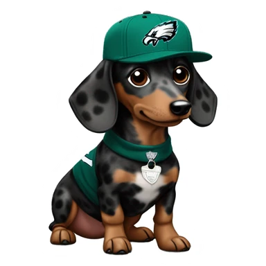 Miniature Tri Merle Dark Spotted Dachshund wearing Philadelphia Eagles Hat with C on Jersey sticker