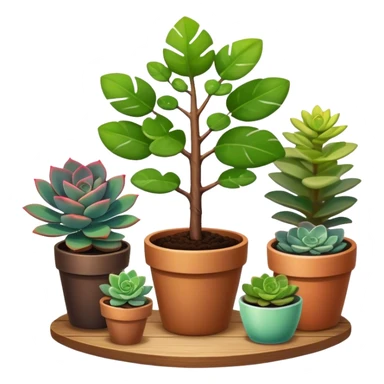 Close-up of a potted sapling being nurtured in rich soil, surrounded by vibrant plants and succulents. Sunlight filters through the window, casting soft shadows. Cozy indoor garden with gardening tools placed neatly on a wooden table. sticker