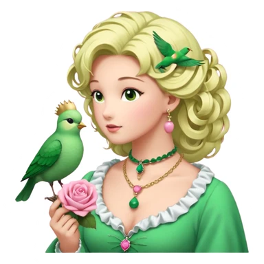 un oiseau classique vert avec un collier avec des breloque argentées et un poil blond qui fait une petite bouclette sur le front et à côté un oiseau rose avec le même collier mais en doré et un cheveu marron et les deux se regardent sticker