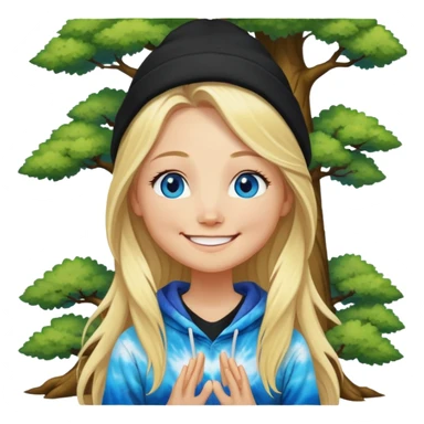 long haired blonde white woman wearing a black beanie and  with blue eyes and a big smile meditating next to a tree tie dye hoodie  sticker