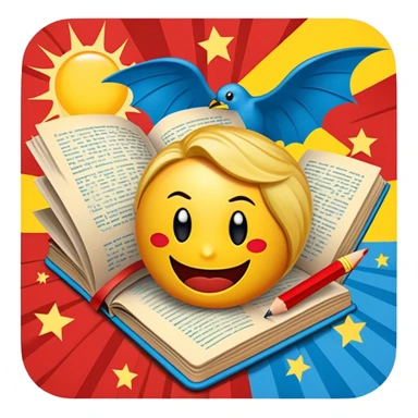 Create a vibrant emoji representing comic books and graphic novels as an art form. The design should feature a large, open comic book with vintage comic panels on the pages. Include a pencil (without a hand) gently writing text or sketching on the pages. The comic panels should have bold lines and retro-style artwork with classic comic book visuals. Use bright, energetic colors like red, yellow, and blue to evoke excitement and creativity. The overall design should feel dynamic, vintage, and artistic. Make the background transparent. sticker