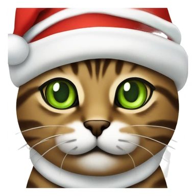 Brown tabby cat with green eyes wearing a Santa hat sticker