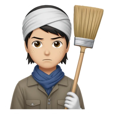 Levi Ackerman cleaning with bandana over hair, gloves, holding broom, annoyed expression sticker