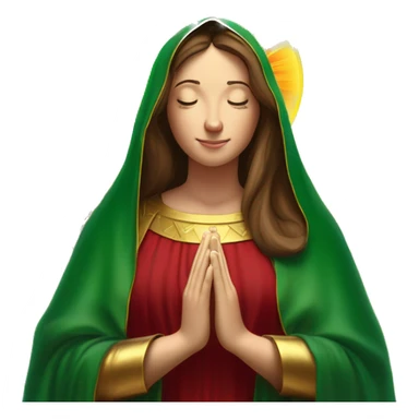 Virgin Mary: kind face looking down at the left, long brown hair, Wearing an emerald green  robe with gold stars and a burgundy red dress,  Hands in prayer or blessing. Halo around her head. standing in front of a big sun. colorful roses on the sides  sticker