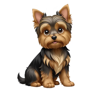 cinematic-[yorkshire terrier]-realistic-full-body-sitting-emoji,-tail-resting-loosely-beside-its-paws,-head-tilted-dramatically,-wavy-[black and tan-fur,-simplified-yet-realistic-focused-features,-highly-detailed,-glowing-with-an-almost-sarcastic-glow sticker