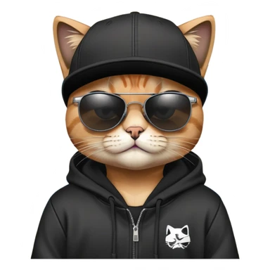 cat wearing a black snapback cap and black hoodie, with black sunglasses positioned low on his nose, looking directly at the viewer over the top of his sunglasses with a cool expression, doing graffiti with spray paint sticker