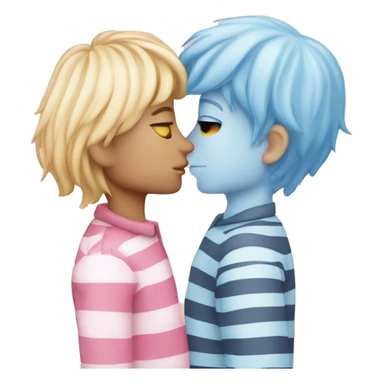 Kissing men, boy withlong blonde hair kissing a pale blue striped face pink hair man sticker