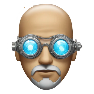 Tan bald male Latino cyborg head with grey beard, silver steampunk monocle goggles and circuits sticker