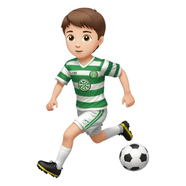 Celtic footballer jersey logo  6 years old brown hair white boy , brown eyes , stripes uniform , RUNNING  with soccer ball # 17 celtic football logo PUT ONLY ONE LOGO ONE CELTIC LOGO ONLY white shorts sticker