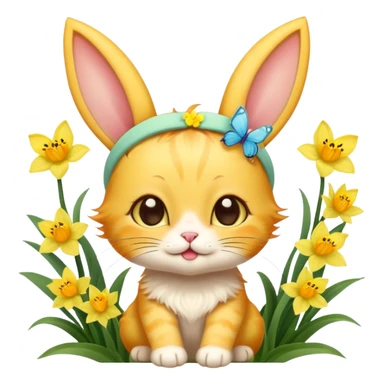 A sunshine yellow kitten with freckles, bunny ears headband, surrounded by daffodils and playful butterflies. sticker