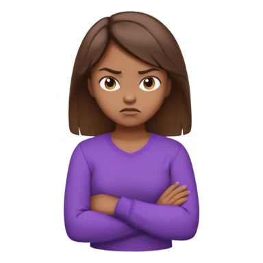 Girl with brown hair crossing arms in front of her chest and making an angry face with a purple longsleeve shirt on and be more pouty sticker