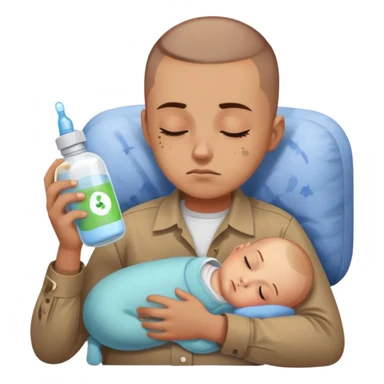 Hair: Buzzcut with baby photo sticker on temple Face: Sleep-deprived squint, formula powder residue Clothes: Stained button-up with mismatched socks Action: Bottle-warming while debugging code sticker