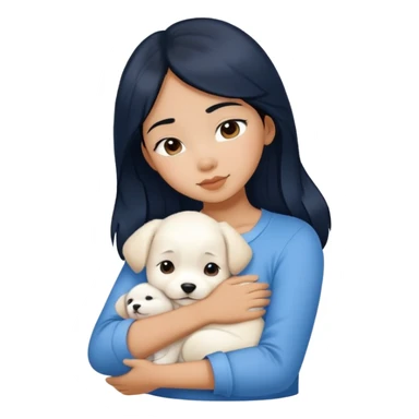 One black hair filipina girl in velvet blue shirt hugging pure white puppy sticker