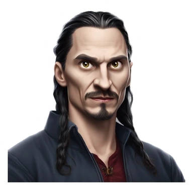 IKEA co-worker vampire Zlatan in Marvel Avengers style, oil paint, mysterious eyes, intricate lips, masterpiece pose, odd perspective, beautiful, desirable, logical sticker