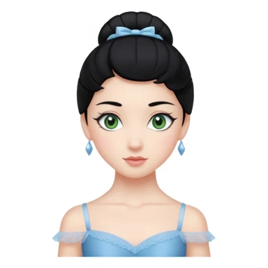 Cinematic Realistic ballerina Medium Blue Portrait, depicted with lifelike skin texture, subtle rosy undertones, and soft natural lighting that enhances the gentle contours of her face. Her intricately detailed sweet black hair is elegantly styled, green eyes sticker