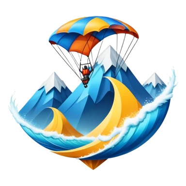 A bold emblem featuring a combination of symbols representing various extreme sports, like a mountain peak, a parachute, and a wave. The design is dynamic and sharp, capturing the thrill and adventure of extreme sports, with a strong, energetic vibe. sticker