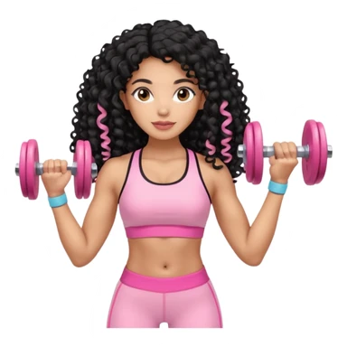 Mixed-race woman with caramel skin, long jet black curly hair, wearing pastel pink sportswear, lifting soft beige dumbbells sticker