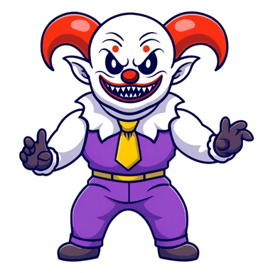 full-body muscular demonic clown in black and white leisure suit with bellbottom pants, bald, black ram horns, flashy black and white belt, ruffled white shirt, no neck tie, large fangs, cartoon sticker style sticker