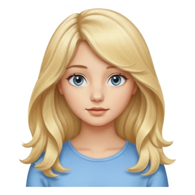 jeune femme de 20 ans, blonde avec une raie au milieu et une frange rideau encadrant le visage. Cheveux longs, lisses sur le haut et légèrement ondulés avec de belles boucles souples sur les pointes. Yeux bleus clairs lumineux, regard doux et naturel. Teint frais et peau lumineuse. sticker