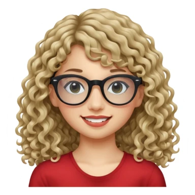 create a frontend girl that has a round face and very long curly hair with a side curtain bangs and wears black square rayban glasses doesnt smile with her teeth and white sticker