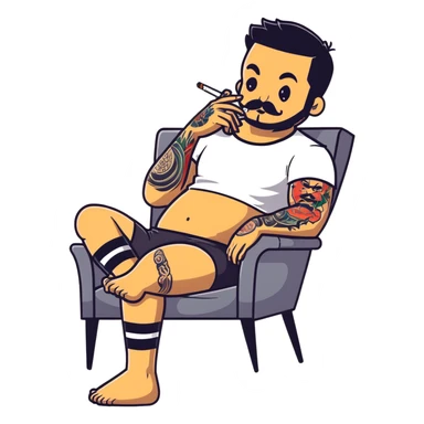 Heavy-set man leaning back in chair with legs spread showing tattooed left calf, smoking cigarette, exposed belly, round face, short black hair, well-groomed short beard with small mustache, black t-shirt with light stripes on top portion, sleeves rolled up, black shorts, arms and left calf decorated with matching black graphic tattoo patterns sticker