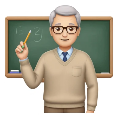 Create a simple 3D color illustration of a teacher emoji. The teacher should be shown as a friendly, middle-aged figure with glasses, wearing a smart-casual outfit like a sweater and slacks. They should be holding a chalk or marker in one hand, with a whiteboard or classroom background implied. The teacher should have a warm and welcoming expression. The emoji should maintain a neutral, educational vibe. The background should be pure white. sticker