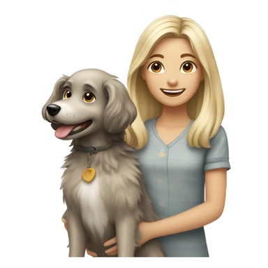 smiling girl in outdoor dress holding a scruffy dog with gray and blonde fur sticker