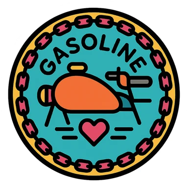 circular motorcycle gas cap design, transparent background, text 'GASOLINE', motif: chain, motorcycle, heart, friendly style sticker