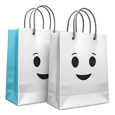 A 3D emoji of two white paper shopping bags, one large and one small, standing next to each other. Soft studio lighting, smooth 3D rendering, claymorphism style, minimalist design, cute, high resolution, isolated on a white background. sticker