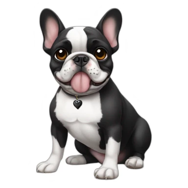 A french bulldog with black and white colors, one eye black, like a pirate, sitting on the ground, making a heart emoji sticker