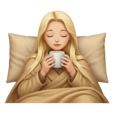 Blonde girl long hair inside a beige blanket sipping coffee eyes closed sticker