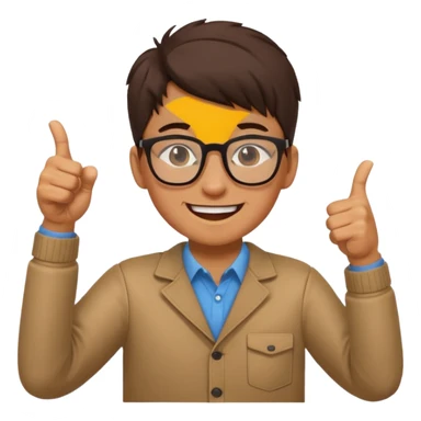 un estudiante que este parado con sus lentes guiñando el ojo y CON LAS MANOS HACIA ARRIBA DANDO LIKE sticker