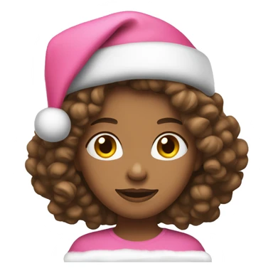 Woman with shoulder length curly brown hair wearing pink Santa hat sticker
