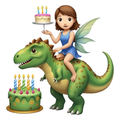 Fairy with brown hair riding a dinosaur presenting a birthday cake sticker