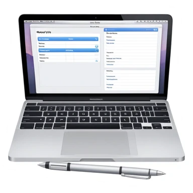 MacBook with online booking system and classic paper notebook with pen side by side, both objects fully visible, no background, no cut-off edges sticker