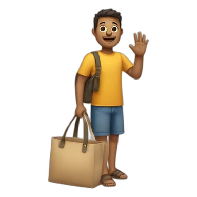 Said hello with one hand, with a bag sticker