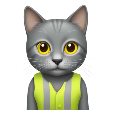 Gray cat with yellow eyes and a yellow vest sticker