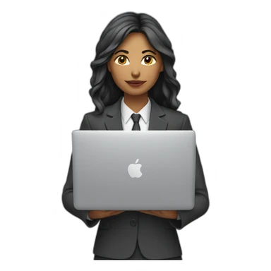 Indian woman with layered hair wearing suit typing on a MacBook sticker