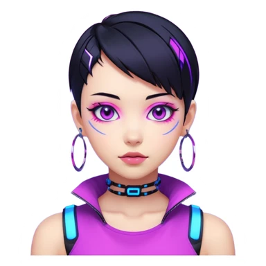 Emoji estilo anime cyberpunk: garota com cabelo curto preto, olhos roxos expressivos, expressão confiante, argolas grandes, pele iluminada por neon azul e rosa, visual moderno e vibrante, cores fortes e estilo futurista simplificado. sticker