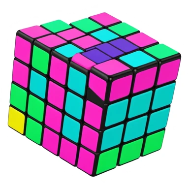 A 3x3 Rubik's Cube in mid-turn, showing movement, with vibrant 90s American colors like neon green, purple, turquoise and hot pink sticker