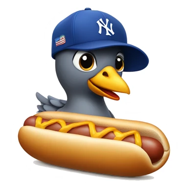 pigeon wearing a blue New York yankee hat while standing on a hotdog sticker