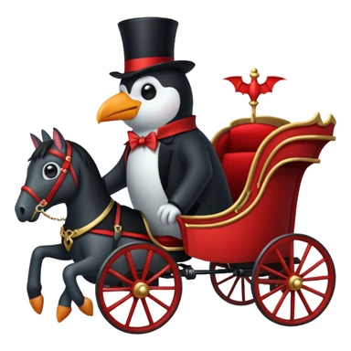 A penguin dressed as dracula riding a 3 horse carriage sticker