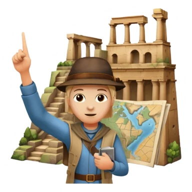Icon for Documentary Film (TV style): A traveler pointing backward and narrating in front of ancient ruins. Include elements like historical landmarks, maps, and exploration tools to evoke a sense of adventure. Transparent background. sticker