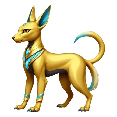 Modern futuristic shiny colorful Anubis-Sphynx-Lombax-Zeraora-Renamon-fusion (full body) sticker